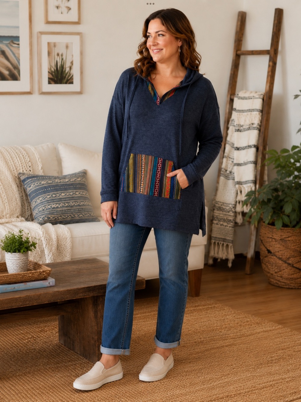 Moa Moa Cozy Navy Relaxed Hooded Pullover with Striped Kangaroo Pocket Sz xlarg